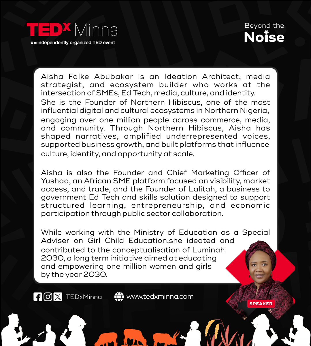 Meet Our Speaker: Who is amplifying impact and rewriting the future. 

<a href="/AishaFalke/">Aisha falke</a> is an Ideation Architect, media strategist, and ecosystem builder who works at the intersection of SMEs, EdTech, media, culture, and identity.

#TEDxMinna #BeyondTheNoise
#TEDx #TEDx2025
