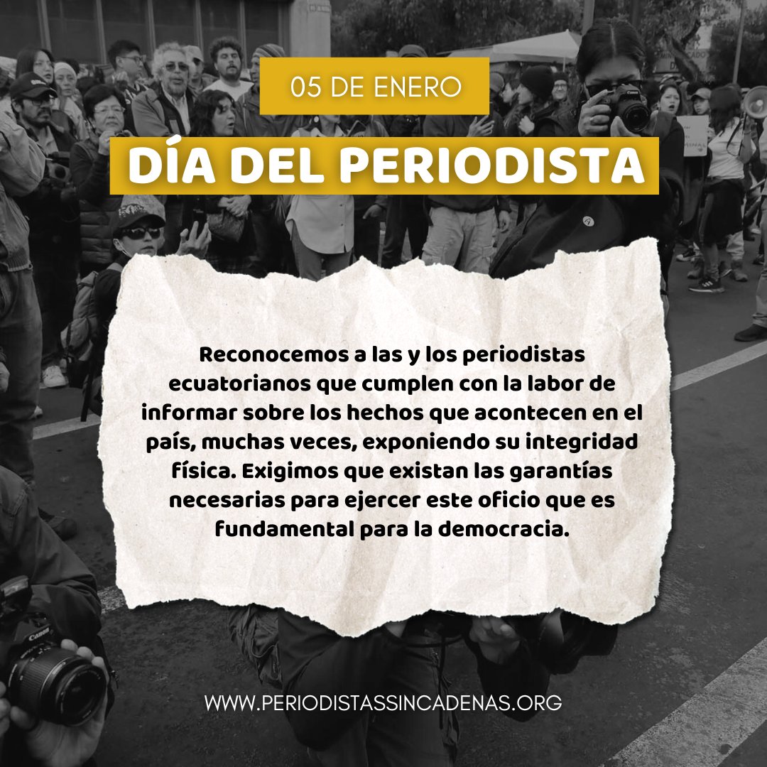 ✍️Hoy, 5 de enero, se conmemora el Día del Periodista en 🇪🇨. Recocemos la labor de los periodistas para informar pese al aumento de la violencia que ha mermado su trabajo. También recordamos a aquellos que fueron asesinados y exiliados, cuyos casos aún siguen en la #impunidad.