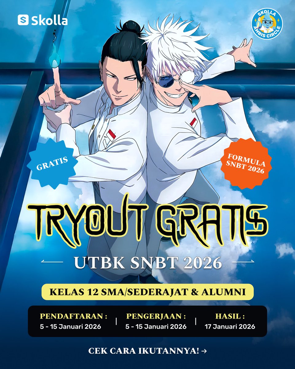 SkollaOnline's tweet photo. TRYOUT UTBK GRATIS SKOLLA DATANG LAGEEEE 💃

Kelas 12 & alumni boleh daftar!

✅ Formulasi terbaru soal UTBK SNBT 2026
✅ Jumlah dan durasi soal ter-update
✅ Kualitas soal HOTS
✅ Ada 3 tipe soal (termasuk isian singkat)
✅ Soal bisa dijeda per TPS & Literasi

Deadline pengerjaan TO hanya sampai 15 Januari 2026‼️