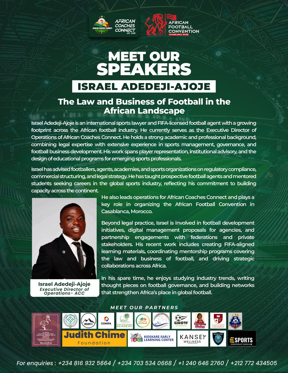 🎤 Meet our speaker: <a href="/israel_ajoje/">Ajoje⚽⚖️</a>

International sports lawyer &amp; FIFA-licensed football agent
🗣 Topic: The Law and Business of Football in the African Landscape

📅 5th–9th January 2026
📌 Casablanca 🇲🇦

📍You can join the African Football Convention virtually via: