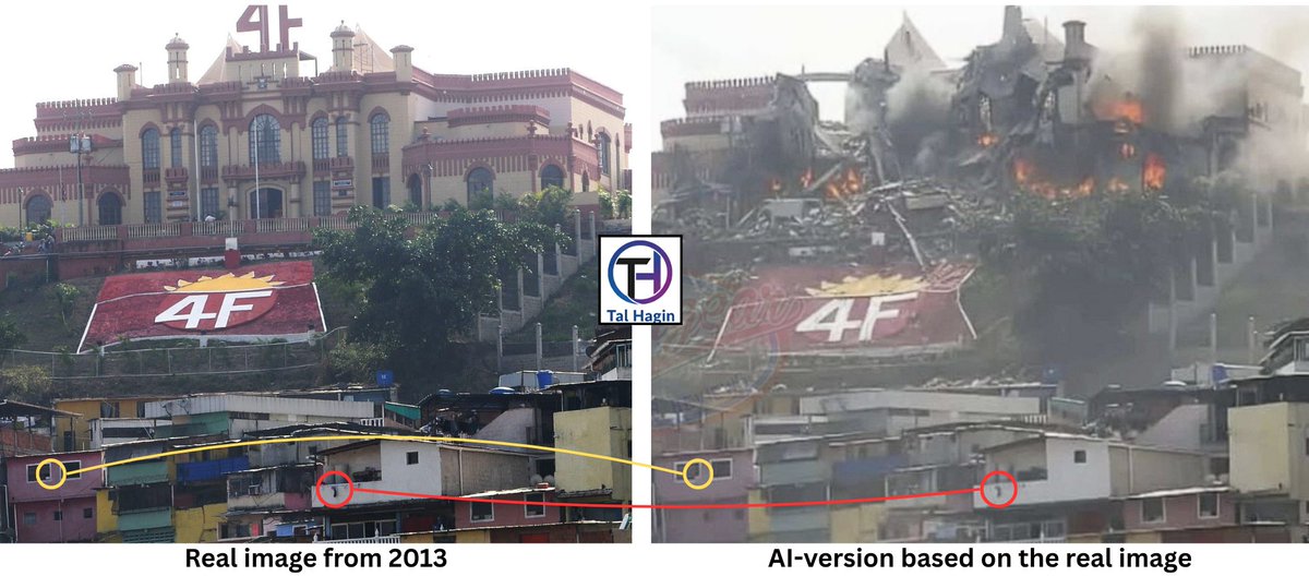 talhagin's tweet image. The photo on the right is fake. It’s an AI-manipulated image based on a real photo from 2013, with the destruction artificially added.

A side-by-side comparison shows the same angle, the same sock on the clothesline, and an AI error where part of a white object in a window…