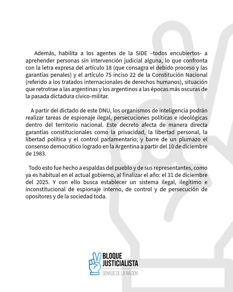 📄• REPUDIAMOS EL DNU 941/2025, QUE MODIFICA EL SISTEMA DE INTELIGENCIA SIN PASAR POR EL CONGRESO Y VULNERA LA CONSTITUCIÓN NACIONAL