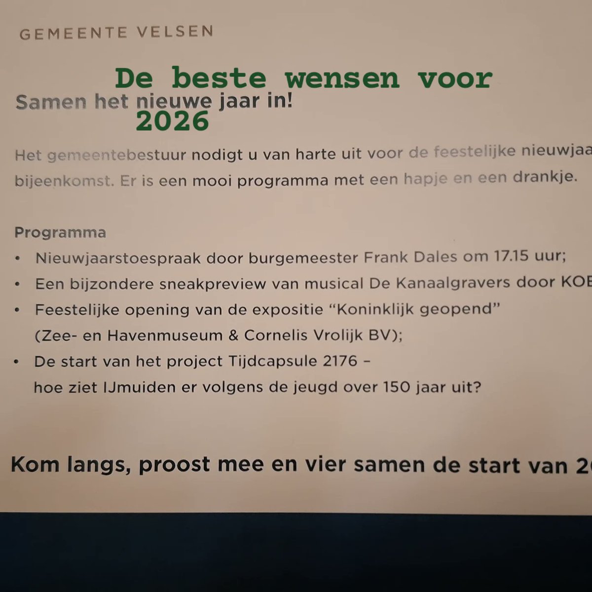 Morgen vanaf 17 uur ben je welkom op de nieuwjaarsreceptie georganiseerd door de #GemeenteVelsen @gemeenteraadvelsen
Het feest voor alle Velsenaren 💫
Jouw feest 🫵