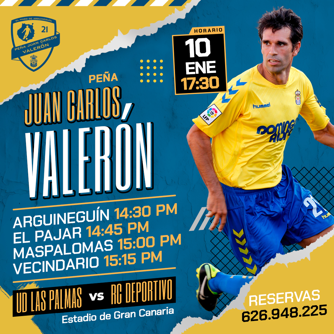 🏆 <a href="/LaLiga2/">LALIGA HYPERMOTION</a> - 21ª Jornada
📅 SAB 10/01/2026
🕒 17:30 h.
🏟️ Estadio de Gran Canaria
🆚 <a href="/UDLP_Oficial/">UD Las Palmas</a> vs <a href="/RCDeportivo/">RC Deportivo</a> 

🚍 Guagua Peña Juan Carlos Valerón

Toda la información en nuestra web bit.ly/LPAvsRCD

#JuanCarlosValerón #ElMagodeArguineguín 🎩⚽️2⃣1⃣💛💙