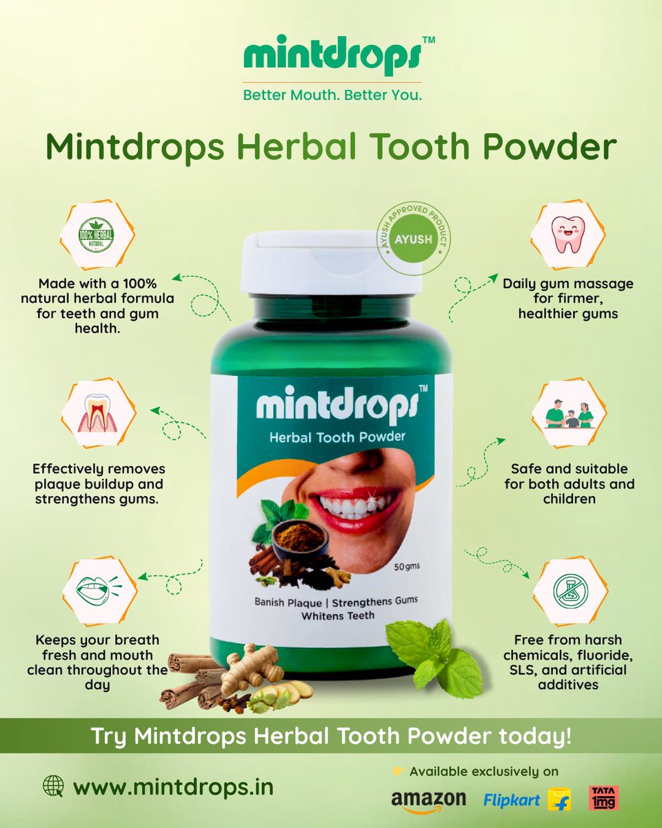 themintdrops's tweet photo. Say hello to Ayurveda-powered oral care.
Mintdrops Herbal Tooth Powder offers a natural way to keep your teeth clean, gums strong, and breath fresh without harsh chemicals.
• 100% herbal formula
• Helps remove plaque
• Daily gum massage for firmer, healthier gums
#Mintdrops https://t.co/FQRoKbED4l