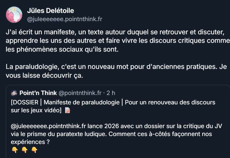 _PlaytoWin_'s tweet photo. Ci-dessous : le paratexte de mon article sur la paraludologie.🤭
Où est-il par rapport au texte ? Quand apparaît-il ? Comment a-t-il été produit ? À qui s'adresse-t-il ? Qui l'a rédigé ? Quels sont ses buts et fonctions ?
Chaque question ici peut être posée à ts les paratxts. https://t.co/Wt9eacBiqq