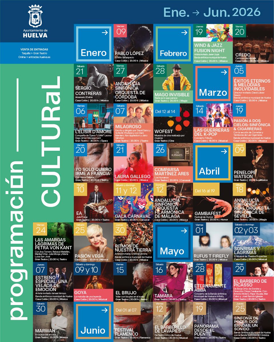 🎭✨Conoce toda la programación de eventos culturales y de ocio para Huelva en este primer semestre de 2026. 

🎟️Entradas a la venta en taquilla y en entradas.huelva.es🌐