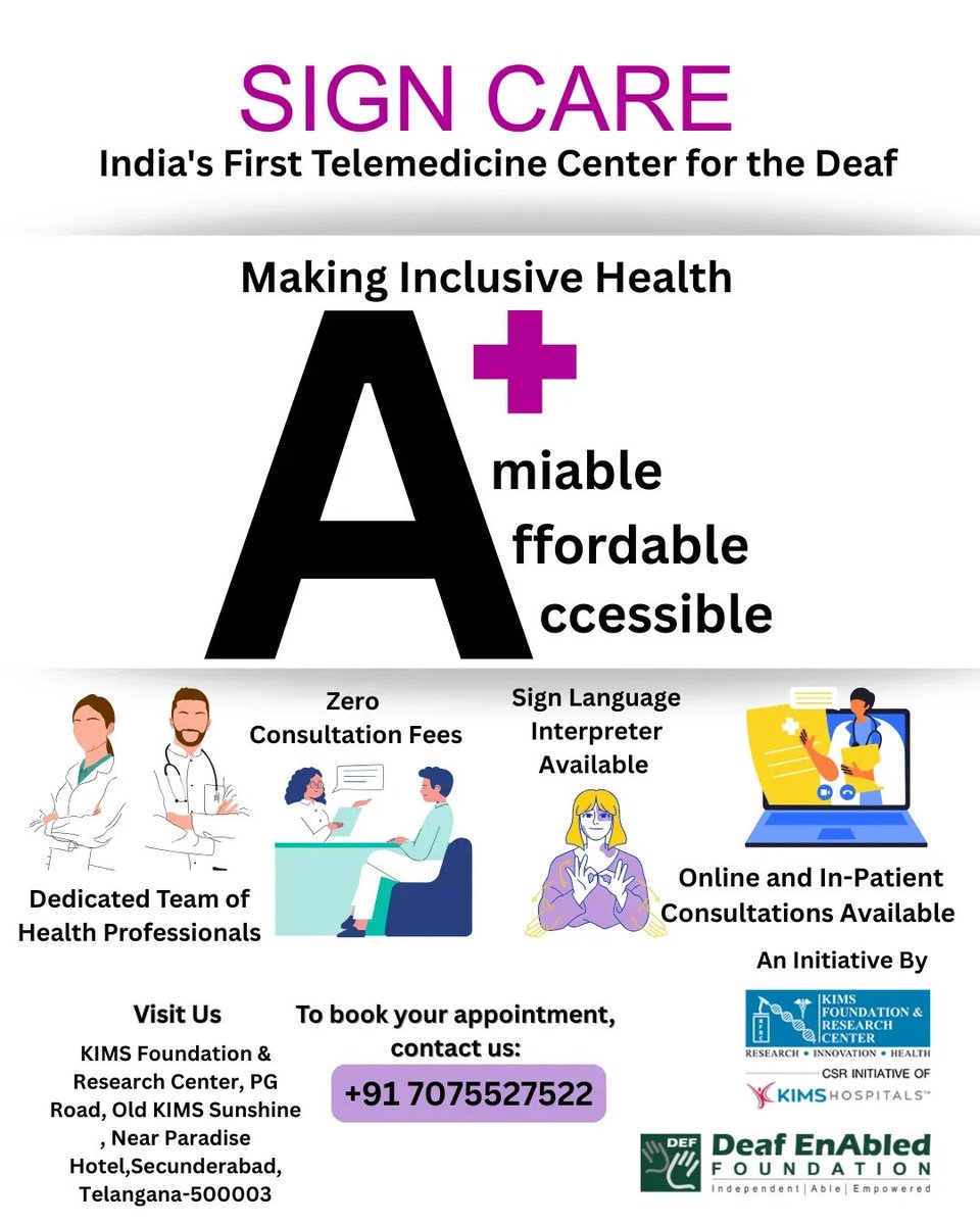 deafenabled's tweet photo. At Sign Care, we provide quality healthcare that is inclusive and at costs that do not burden deaf households. Book an appointment with our center today!

#independent #success #india #government #health #stayhealthy #doctor #hospital #kimshospital #kimshealth #carehospitals https://t.co/btoXKADzFe
