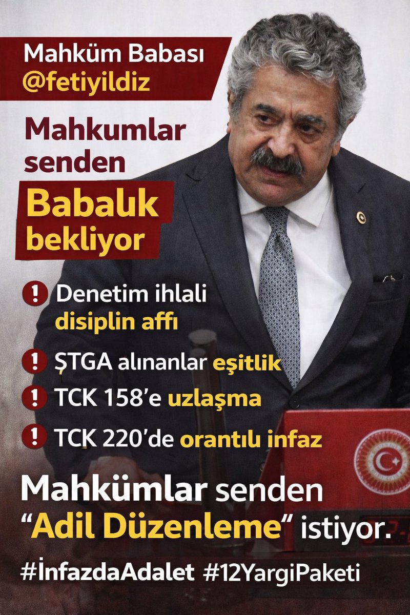 12.⁠ ⁠YARGI PAKETİ TALEP METNİ

#12YargıPaketiİnfazAdaleti
#DsİhlaliDisiplinAffı
#ŞTGA
#ÇekEAf
#TCK158Uzlaşma
#TCK220

Denetim ihlaline düzenleme getirilmeli eski dosyalardan dolayı yargılamanın uzun sürmesi yüzünden geç gelen cezalar denetimlide olanların dosyaları yanıyor