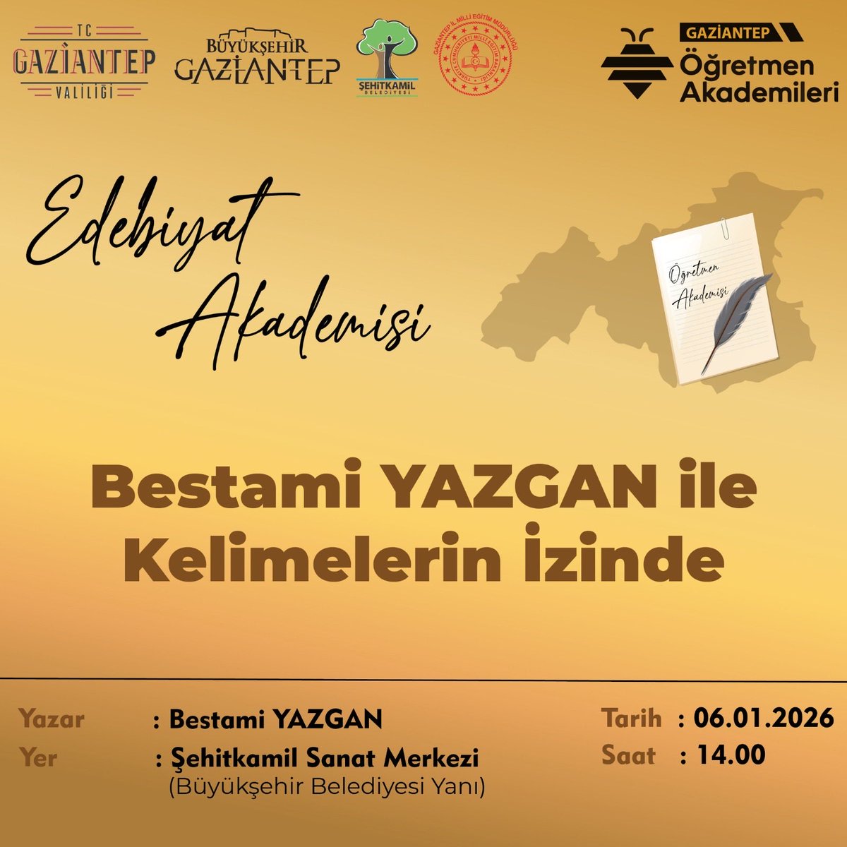 Müdürlüğümüz koordinesinde yürütülen Öğretmen Akademileri kapsamında düzenlenen Edebiyat Akademisi, edebiyat dünyamızın seçkin isimlerinden şair ve yazar Bestami Yazgan’ı eğitimcilerle buluşturuyor.

Uzun yıllar edebiyat öğretmeni olarak görev yapan ve Türkiye Yazarlar Birliği