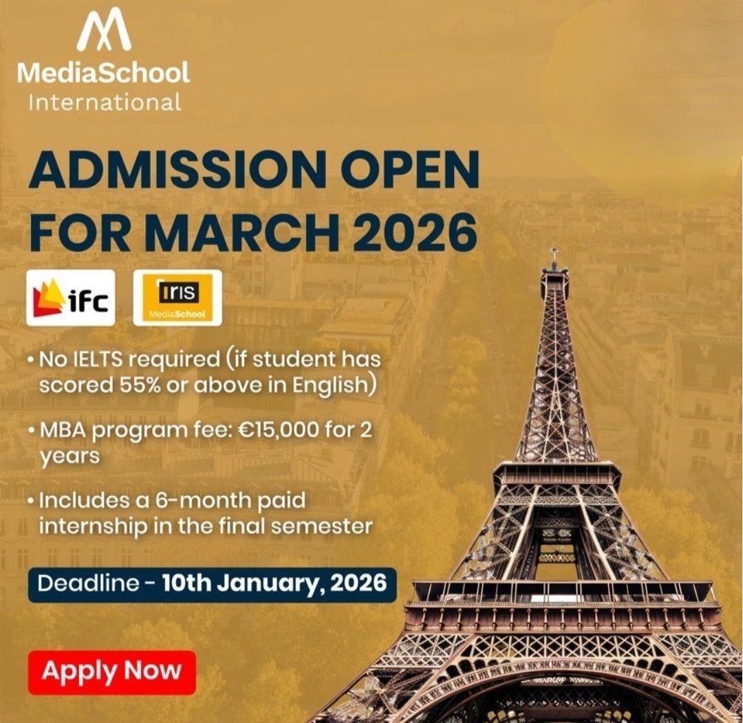 MilestarGlobal's tweet photo. *💥 Last Chance to Apply for the March 2026 Intake in France*
*Why Choose Media?
✔ *No IELTS required* (if English score is 55% or above)
✔ _*2-Year MBA at Just €15,000*_
✔ 6-month *paid internship* in the final semester
*📅 Application &amp; Fee Payment Deadline:* 10th Jan, 26 https://t.co/FY03tGKY2I