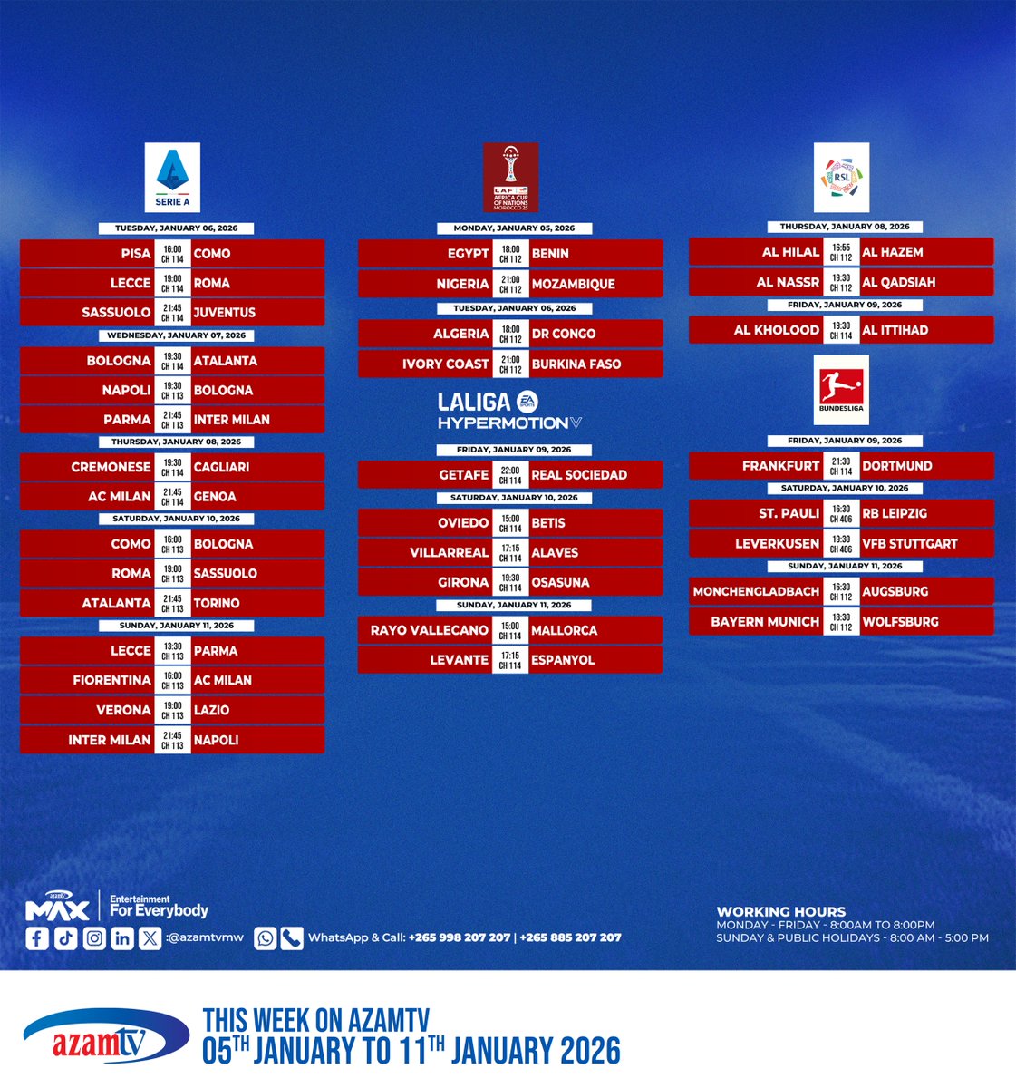 Azamtv_MW's tweet image. Weekly Football Fixtures Are Here! 
#AzamMax 
#AzamTVMalawi
#FootballSeason
#EntertainmentForEverybody