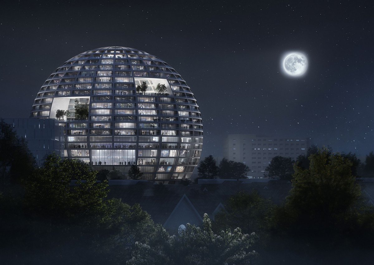 TheB1M's tweet photo. Death Star or sports venue? Architecture firm MVRDV has won the competition to design the new Asllan Rusi sports palace in Albania's capital Tirana with its proposal for a 100-metre diameter sphere called 'The Grand Ballroom'. 

The mixed-use complex is set to include a 6,000-seat arena for basketball and volleyball as well as residential apartments, a hotel, and ground-level retail. The structure's hotel rooms and apartments will be positioned towards its summit, with views down into the arena below. Explaining the practicalities of that design, MVRDV said: "[The venue's] oculus can be closed with a thick layer of glass to form a soundproof barrier while maintaining a visual connection between the upper and lower volumes."

The firm believes its design represents "a monumental stadium space that blends sport and community into a cohesive environment." It added: "By stacking the hotel and residential functions on top of the arena itself, the design accommodates a significant amount of programmes on a relatively small site. By making the building rounded, it avoids creating any 'rear' façades that neglect the surrounding neighbourhood. By tapering inwards towards the building’s base, it creates more space for public plazas and outdoor sports facilities that can be used by local children. And by tapering inward at the top, it creates terraces for the building’s residents."

📷 MVRDV