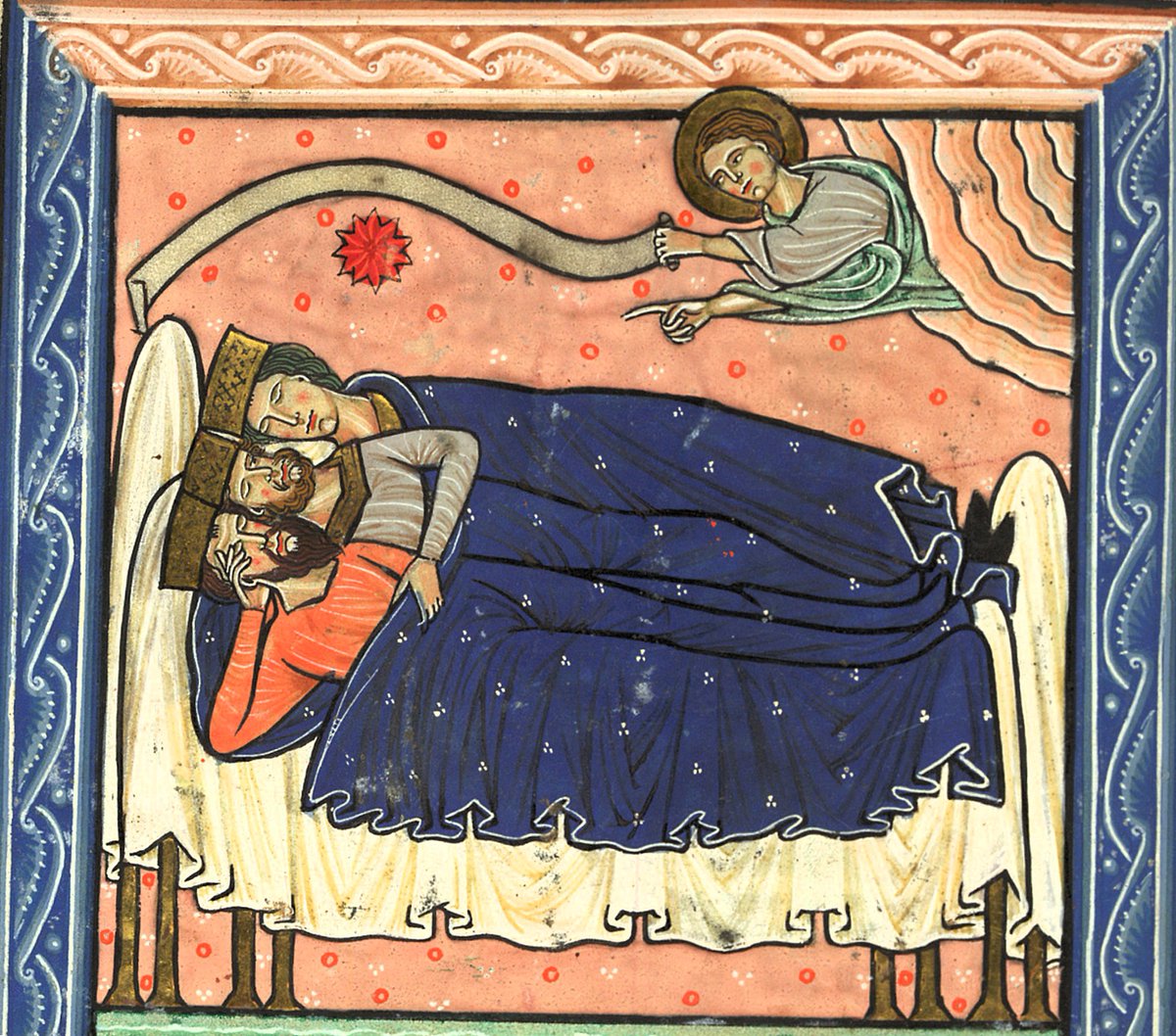 VirDesideriorum's tweet image. Medieval depictions of the “Dream of the Magi” (cf. Luke 2:12) usually show the three companions sleeping together in one bed. 
In this image from a 13th-century psalter, the king in the middle has his left eye open - a subtle expression of his attentiveness to the words of the…