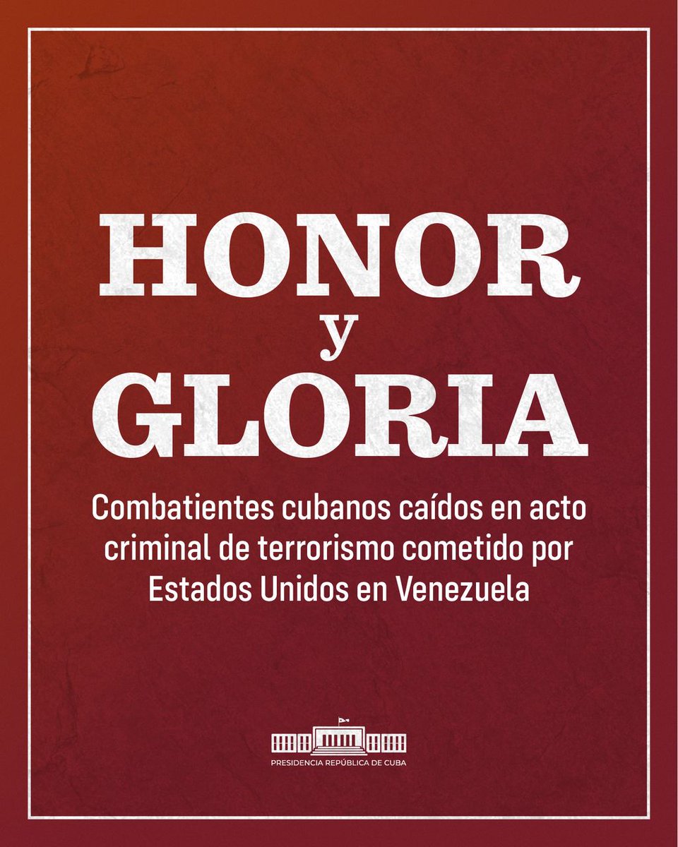 ContraloriaCuba's tweet photo. Honor y Gloria eterna para nuestros hermanos cubano🇨🇺🇨🇺 que enfrentaron y lucharon contra  el enemigo hasta dar su vida en el cumplimiento de su deber. Condolencias a sus familiares y amistades.
#ManosFueraDeVenezuela https://t.co/8IiufRfnGW