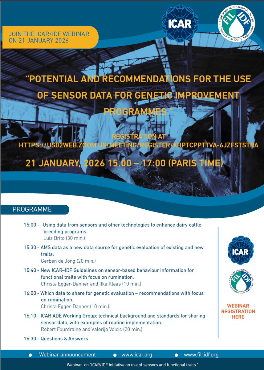 FIL_IDF's tweet photo. Join the ICAR &amp; @FIL_IDF initiative on sensor data for genetic improvement in dairy farming. 📅 Jan 21, 2026 | 📷 15:00–17:00 CET Discover how #PLF tech &amp; #SensorData drive #GeneticImprovement &amp; #Sustainability. Register https://t.co/YkkKn3FtQV #IDFDairyVoice #DairyInnovation https://t.co/6IScIfKRIJ