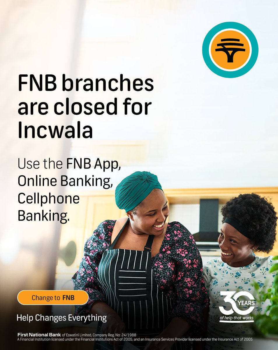Our branches are closed today for Incwala Day. You can still bank with ease using the FNB App, Online Banking, or Cellphone Banking. #HelpChangesEverything