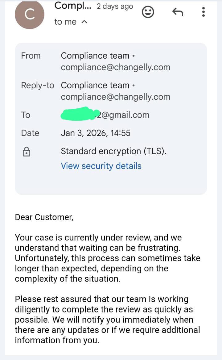 BlockTraceXBT's tweet photo. @Changelly_team  instantly processes small swaps but freezes large amounts for months or even years. Users get the same “under review” reply repeatedly. #Changelly. https://t.co/qS5owxfMQW