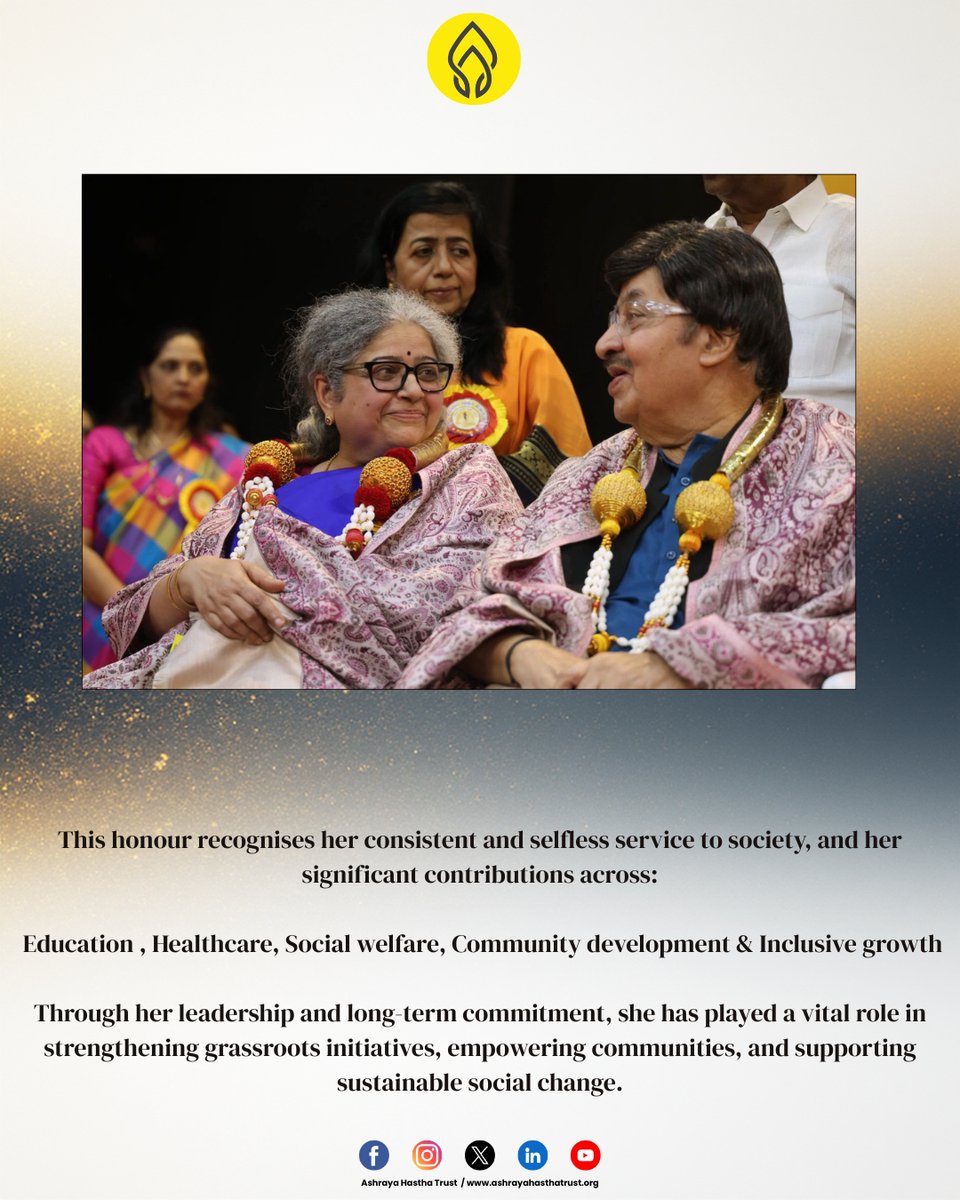 AshrayaHastha's tweet photo. We are proud to share that Mrs. Asha Dinesh, Trustee of Ashraya Hastha Trust, has been awarded the Bhārgava Bhūṣaṇa Prashasti – 2026.
#AshrayaHasthaTrust #AHTContributes #ServiceWithPurpose #SocialImpact #InclusiveGrowth #ValuesInAction https://t.co/mzz9qPqXzO