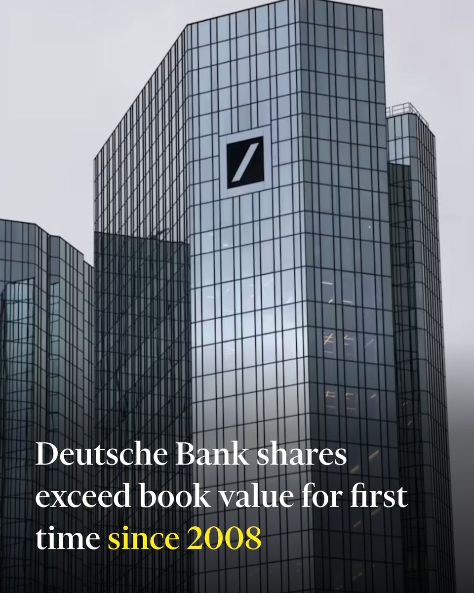 Deutsche Bank shares have traded above their book value for the first time since the start of the global financial crisis, marking a milestone in the turnaround of Germany’s largest lender after years of legal setbacks, writedowns and restructuring. ft.trib.al/8MH5Hji