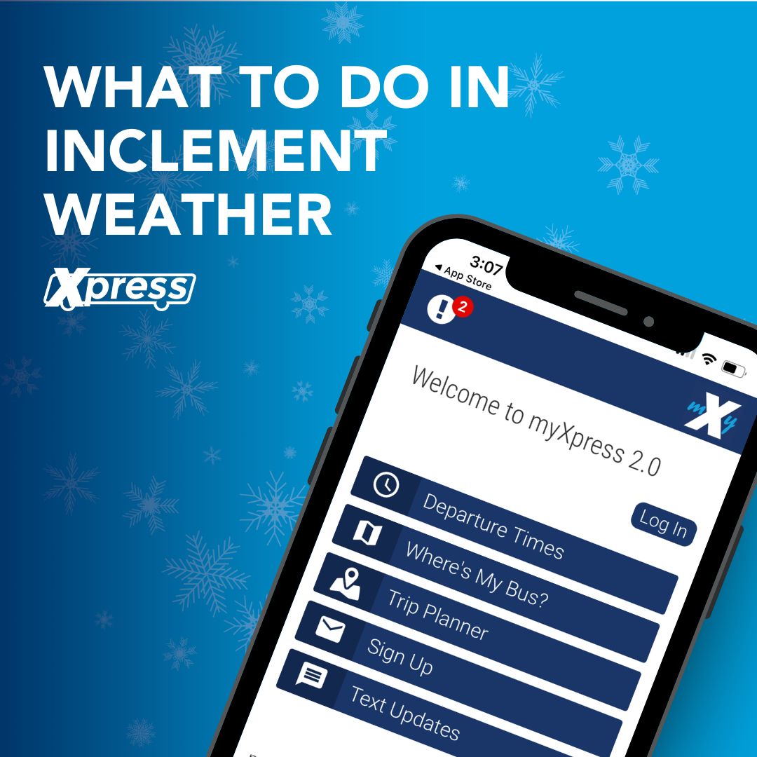 Winter weather is coming! ❄️ For real-time updates on route changes or delays, follow these steps:
1️⃣ My Xpress App (fastest updates)
2️⃣ Service Alerts on our website
3️⃣ Our social media feeds

Stay informed and ride safely! 

#XpressGA #ATLWeather #RideSafe