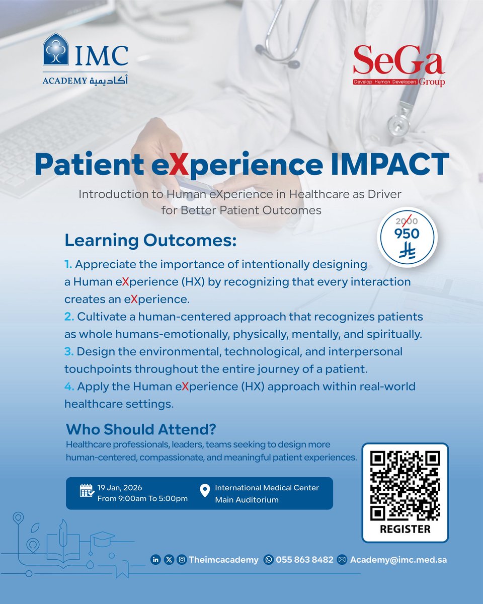 تجربة المريض ليست لحظة… بل رحلة كاملة.
تعرّف على كيف يؤثر تصميم الـ Human Experience (HX) في تحسين نتائج المرضى داخل بيئات الرعاية الصحية.

Patient eXperience IMPACT
📅 19 January 2026
📍 International Medical Center – Main Auditorium

🔗 سجّل الآن وكن جزءًا من التغيير الإنساني