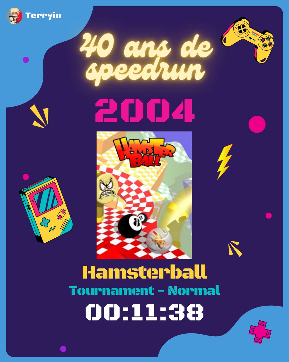 TerryioRedfire's tweet image. [40 ans de speedrun]
2004 - Hamsterball
Tournament - Normal

Fait durant l'UD9, jeu à la souris court et très fun avec un 11:38.
Un de mes premiers jeux que j'ai speedrun et sortant pas mal du lot.

Next ➡️ 2005 - Another Code: Two Memories
Tracking : bit.ly/407uzrJ