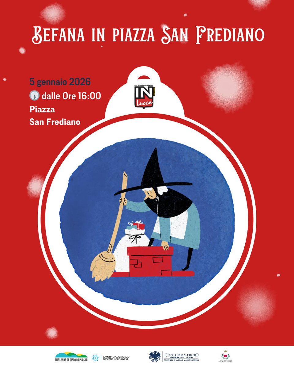ConfcomLUMS's tweet image. 🧹🍬𝗟𝗔 𝗕𝗘𝗙𝗔𝗡𝗔 𝗔 𝗟𝗨𝗖𝗖𝗔: Oggi a partire dalle ore 16:00, la #Befana scende in @PiazzaSanFrediano a Lucca per portare tanti chicchi a tutti i bimbi buoni! Non mancate!