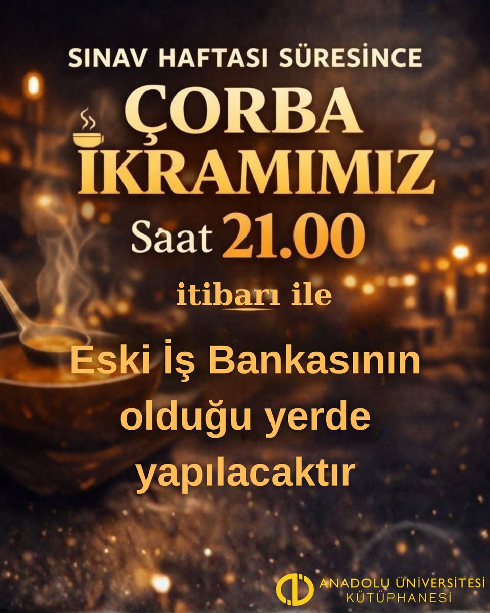 Sınav haftası uzun geceler demek…
Biz de o gecelere küçük ama sıcak bir destek ekliyoruz.
🍲 Çorba ikramımız
⏰ 21.00’den itibaren
📍 Eski İş Bankası’nın bulunduğu yerde
Tüm öğrencilerimize başarılar dileriz.

#SınavHaftası #Çorbaİkramı #GeceÇalışması #Yanındayız