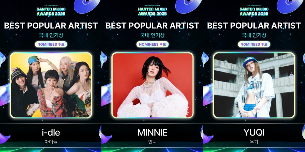 i-dle, MINNIE and YUQI have all been nominated for the Popularity Award at the Hanteo Music Awards.

Vote for them on any of the following apps: Whosfan, Fancast or Mubeat.