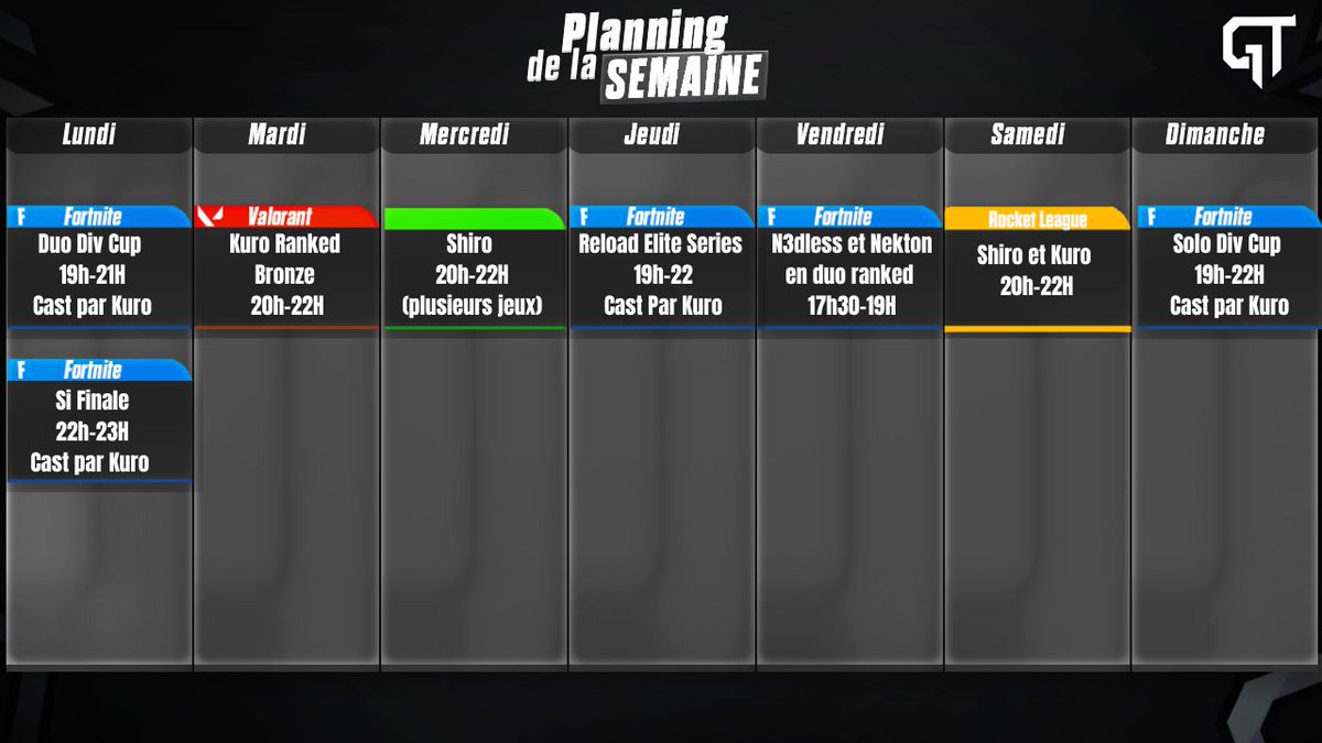 🎮 GameTwins reprend du service !

On est de retour avec un live tous les jours cette semaine !

Voici notre planning de Stream :

Rejoignez nous pour du fun, du gaming et plein de surprises ! 🔥