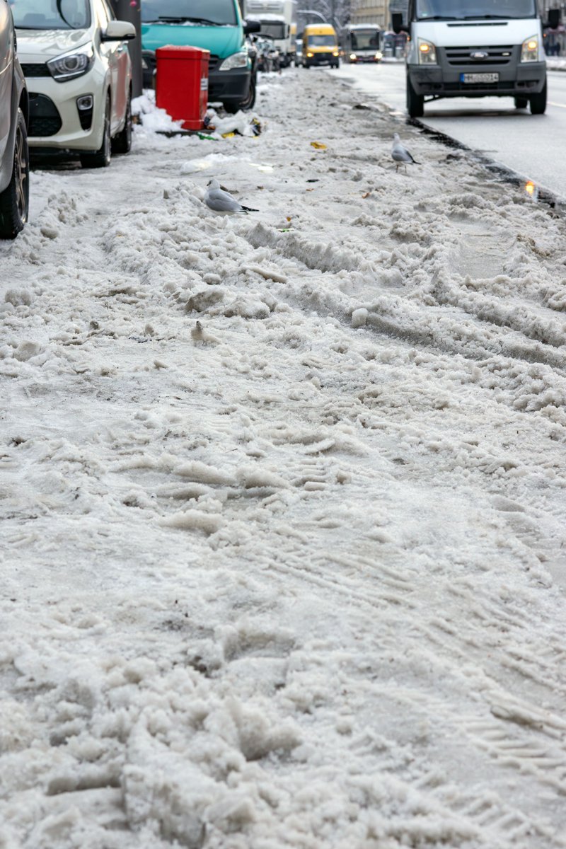 Vierter Tag Schneechaos auf Hamburger Radwegen. Im Bild der Radstreifen auf der Grindelallee: Gehört zum 315 Kilometer langen, "priorisierten" Radwegenetz, welches die Stadtreinigung angeblich „immer doppelt bearbeitet“. Verantwortlich: Umweltsenatorin <a href="/fegebanks/">Katharina Fegebank</a>