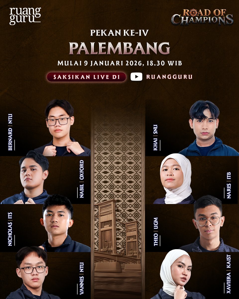 Halo wong kito galo!
Road of Champions akan ke Palembang🙌✨

Bersiap yuk untuk ketemu dengan Champions yang bertanding di pekan ini! 💥 Mana jagoanmu? 

Saksikan Road of Champions : Jumat, 9 Jan 2026 jam 18.30 WIB LIVE di YouTube Channel Ruangguru!!✨

#Ruangguru
