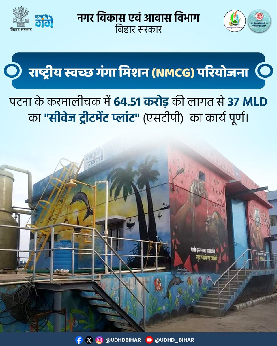 UDHDBIHAR's tweet photo. 🌊 स्वच्छ गंगा की ओर एक और मजबूत कदम || पटना
राष्ट्रीय स्वच्छ गंगा मिशन (NMCG) के अंतर्गत
📍 करमालीचक, पटना में
💰 ₹64.51 करोड़ की लागत से
⚙️ 37 MLD क्षमता वाला सीवेज ट्रीटमेंट प्लांट (STP)
का कार्य सफलतापूर्वक पूर्ण किया गया है।
#NamamiGange #NMCG
#SwachhGanga #CleanRiver https://t.co/IsT8MxikzJ