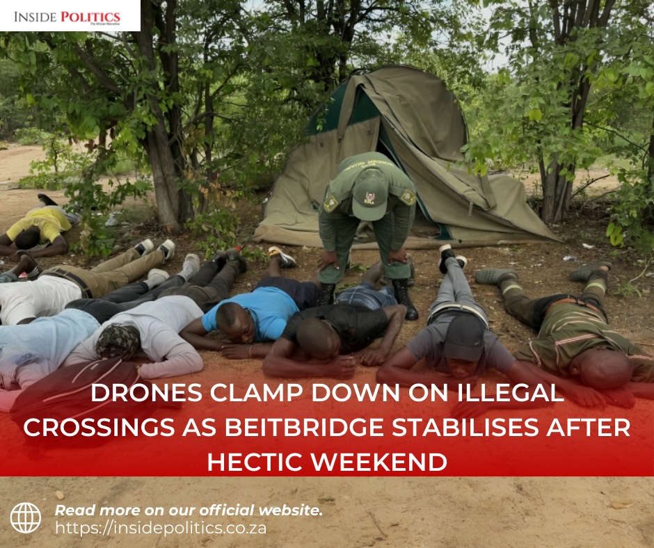 InsidePoliticSA's tweet image. WATCH| Drones take flight at Beitbridge, curbing illegal crossings as traffic steadies post-weekend. Eyes in the sky for safer borders! 
Full story here: insidepolitic.co.za/watch-drones-c…

 #BeitbridgeUpdate #BorderControl #DronesInAction #SafetyFirst #TravelSmart