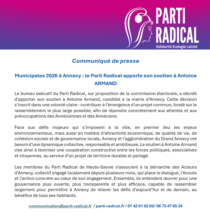 PartiRadical's tweet photo. #Municipales2026 à Annecy : le @PartiRadical présidé par @n_delattre apporte son soutien à @antoine_armand.
➡️ Communiqué du parti ⤵️ https://t.co/kEbZu8jqeg