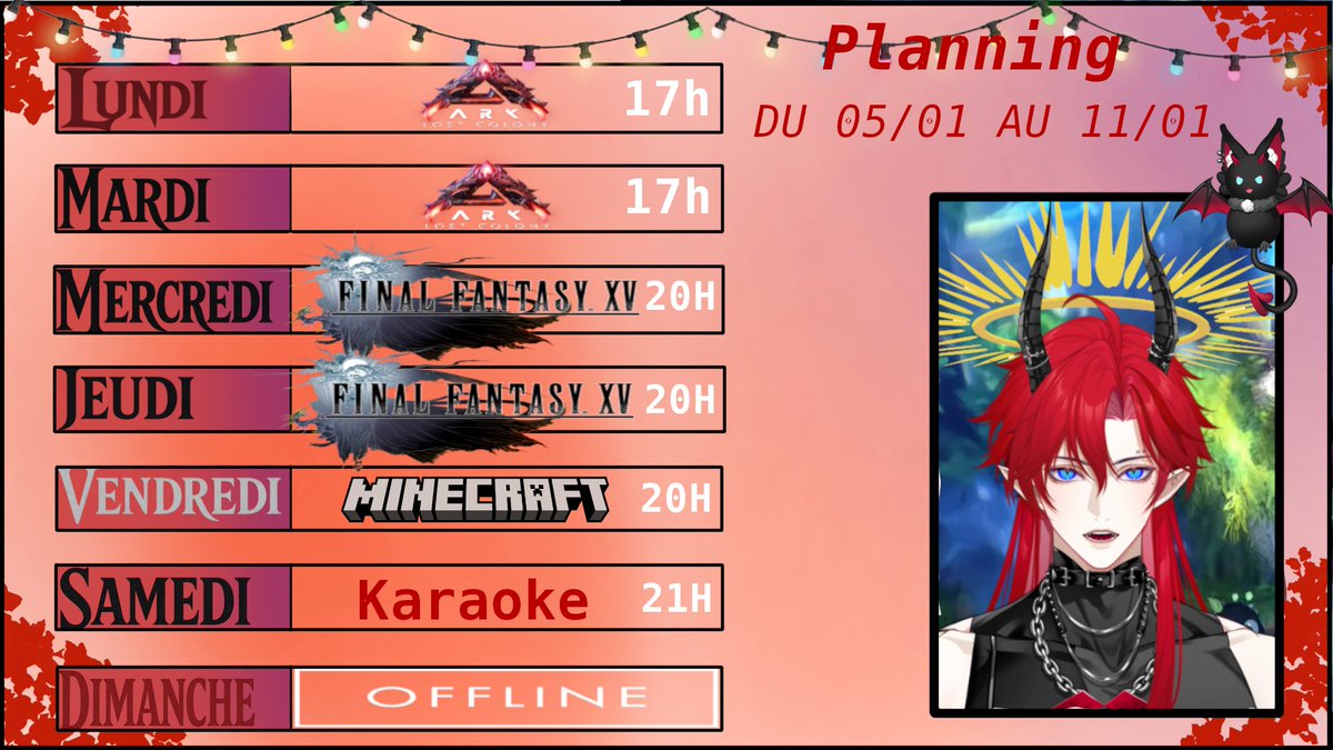 Voici le petit, voir le gros Planning de la semaine !! Les fêtes c'est fini donc FF15 est de retour 🥳 Un live spécial Samedi 21h pour une petite session de casserole... je voulais dire de chant en compagnie d'invités de renom !!! #FF15 #Minecraft #ARKSurvivalAscended #Vtuberfr