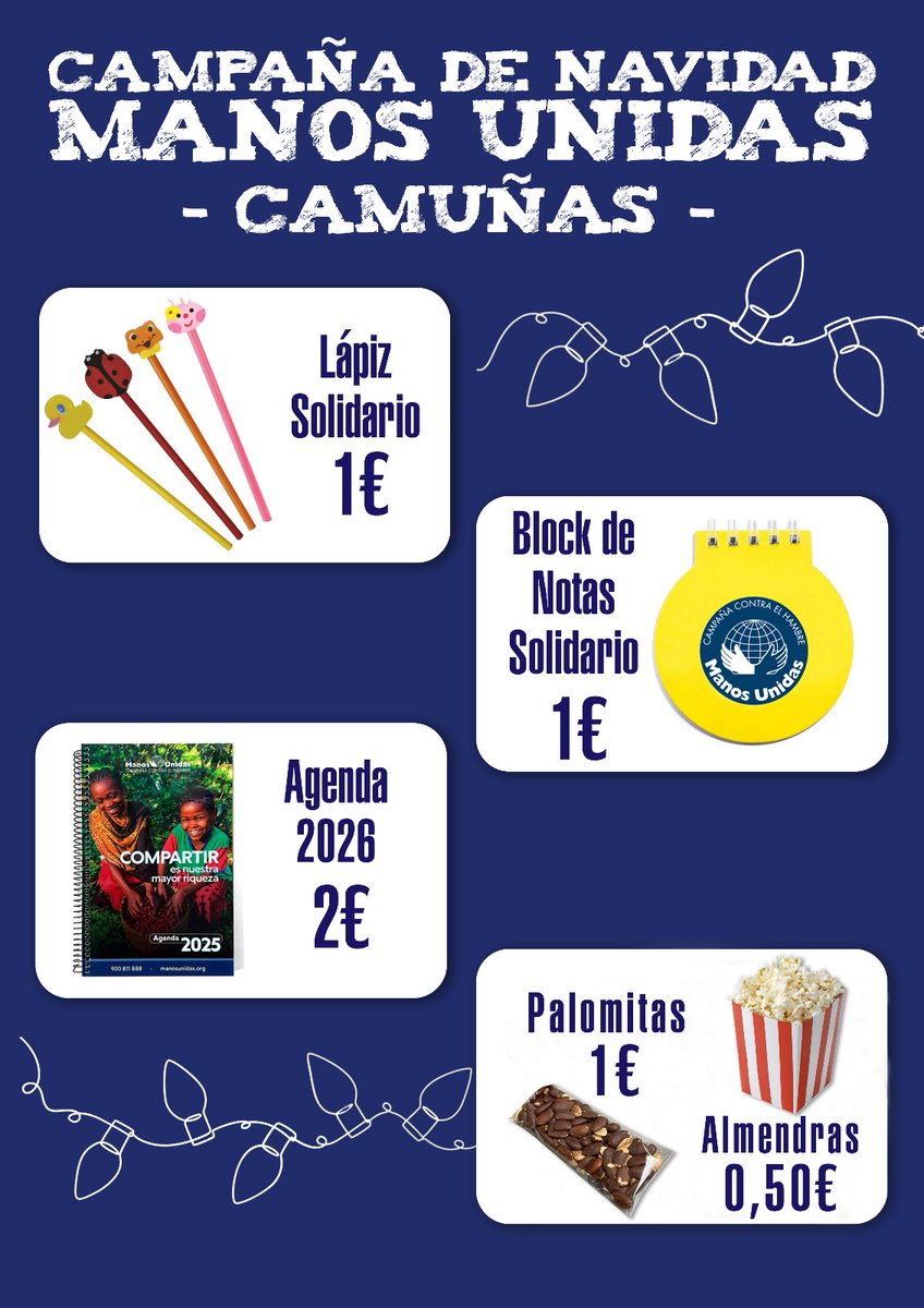 🎉✨ Cabalgata de Reyes Magos✨🎉
Manos Unidas estará presente con un stand solidario.
¡Acércate, colabora y comparte solidaridad! 🤝💙
#ManosUnidas #Solidaridad #Cabalgata