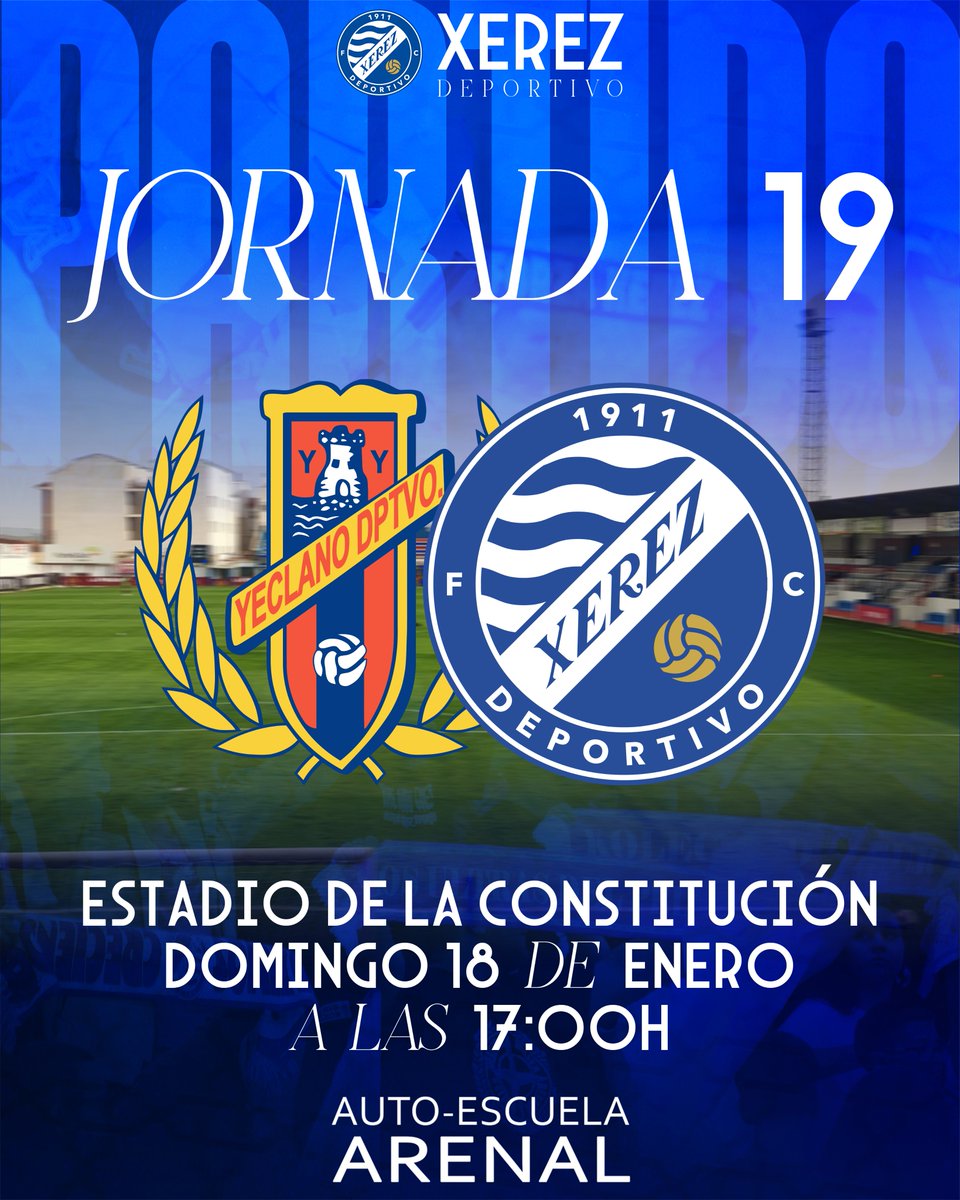 XerezDFC's tweet image. ⚽️⏰ Horario confirmado: Jornada 1⃣9⃣

🗓️ Domingo 18 de enero
🆚 @Yeclano_dptvo 
🕕 17:00 horas
🏟️ Estadio de la Constitución

🤝 𝐀𝐮𝐭𝐨𝐞𝐬𝐜𝐮𝐞𝐥𝐚 𝐀𝐫𝐞𝐧𝐚𝐥

#YeclanoXerezDeportivo