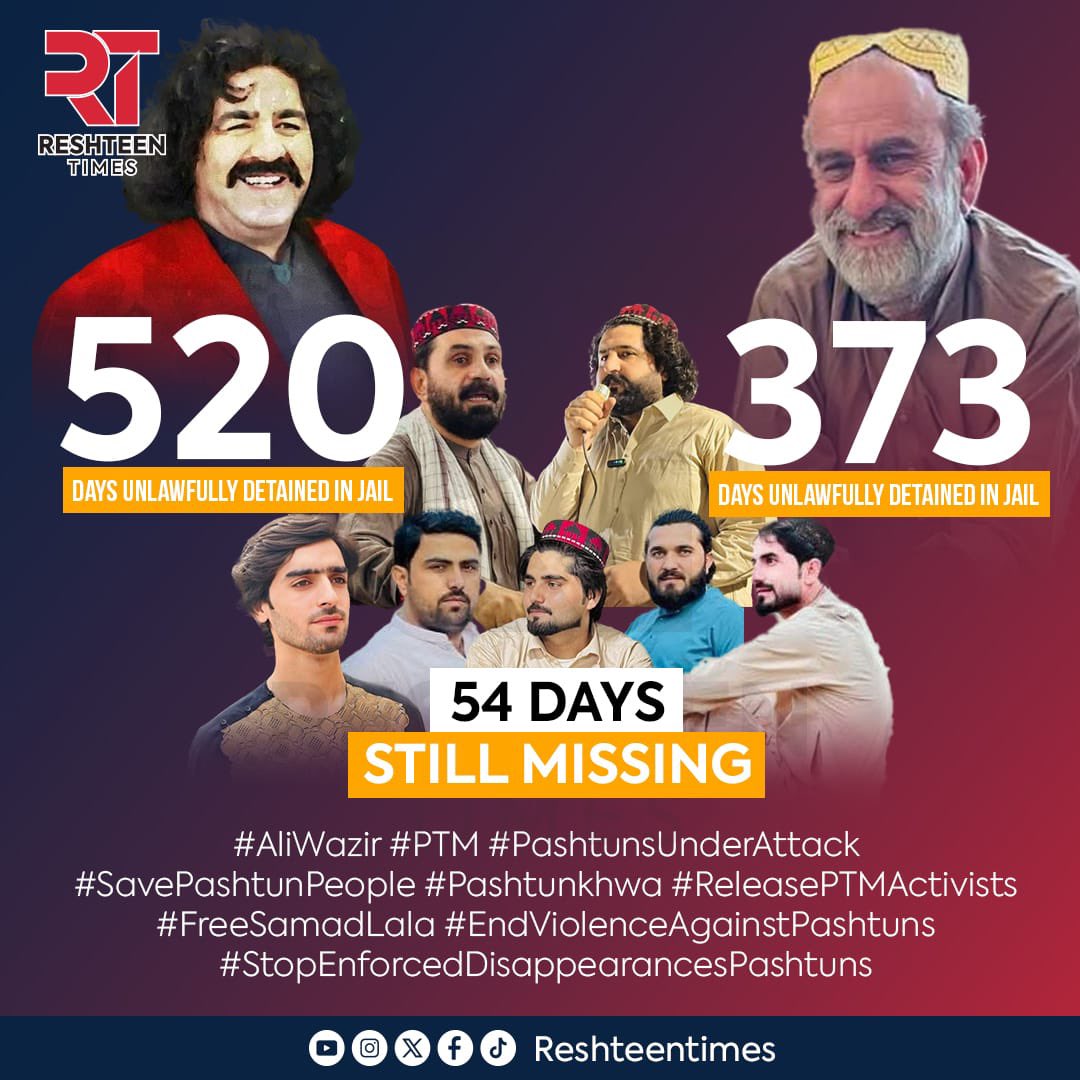 RahmanKhyber's tweet photo. PTM’s Leadership is still in prison under the colonial system of Pakistan.
On daily basis Pashtun land has become a burning ground and those who oppose War in Pashtun land are in prisons and enforcely disappeared unlawfully.
#WhereIsPTMDelegation 
#FreePTMActivists https://t.co/gEdheG4XG9