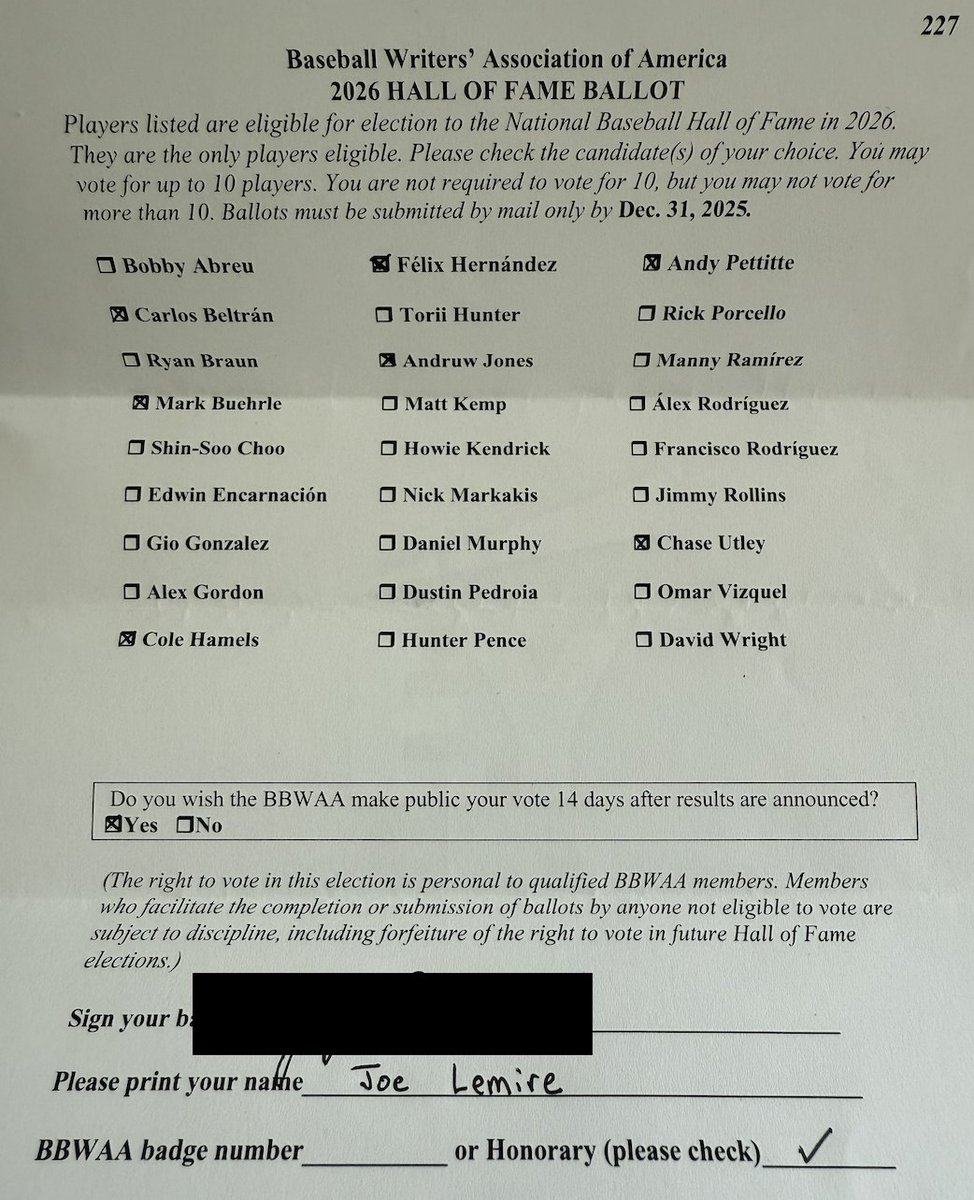 LemireJoe's tweet image. My 2026 @baseballhall ballot 

cc @NotMrTibbs