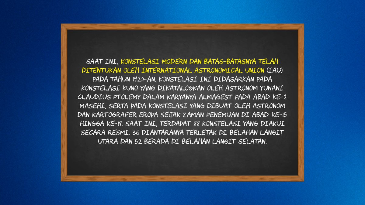 ㅤ
Ia mengalihkan kembali atensinya ke papan. Menghabiskan beberapa menit untuk membumbuhkan guratan. “Ketika kita berbicara tentang konstelasi sendiri, mulanya konstelasi ditentukan berdasarkan simbolisasi dan folklore. Sedangkan di masa modern bisa lihat di papan ya.”
ㅤ