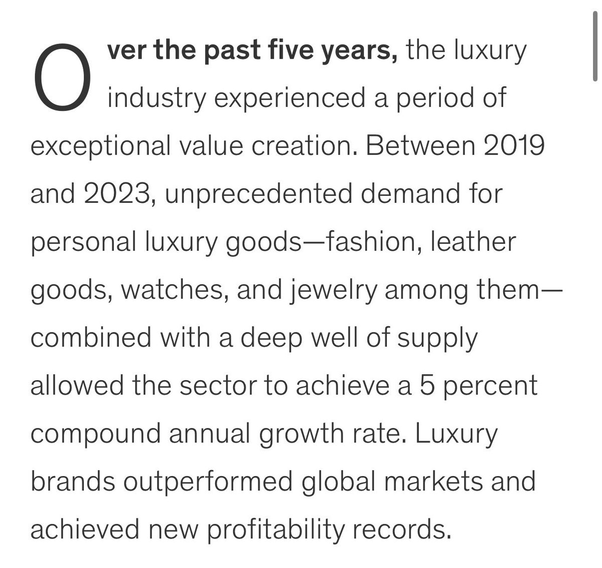 rfkenmore's tweet photo. No serious person thinks luxury is dead

And saying luxury is now “for middle class” is braindead lol 

Luxury has pushed even further up market and value has raced to the bottom

Look at what happens to positioning when any luxury conglomerate invest in/acquires smaller brands (see: ALD, Stone Island)

You think they democratized those brands?

Buck Mason today is just J Crew — and to a lesser degree, Gap — of the 90s/00s

The Middle Class is not shopping even Buck Mason in any meaningful way, as they would have those brands

Let alone actual luxury

We are in a barbell economy now