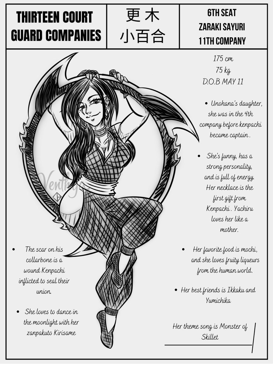 Venthya's tweet photo. This my oc Zaraki Sayuri , she is Unohana's daughter and Kenpachi's wife. Her zanpakuto named Kirisame, she dance with him and death to fight. 

#BLEACH #BLEACHTYBW #BLEACH_anime #kenpachi #BLEACH2026 #ocxcannon #Ocxcanon #zarakikenpachi https://t.co/hNnSpbJGVa