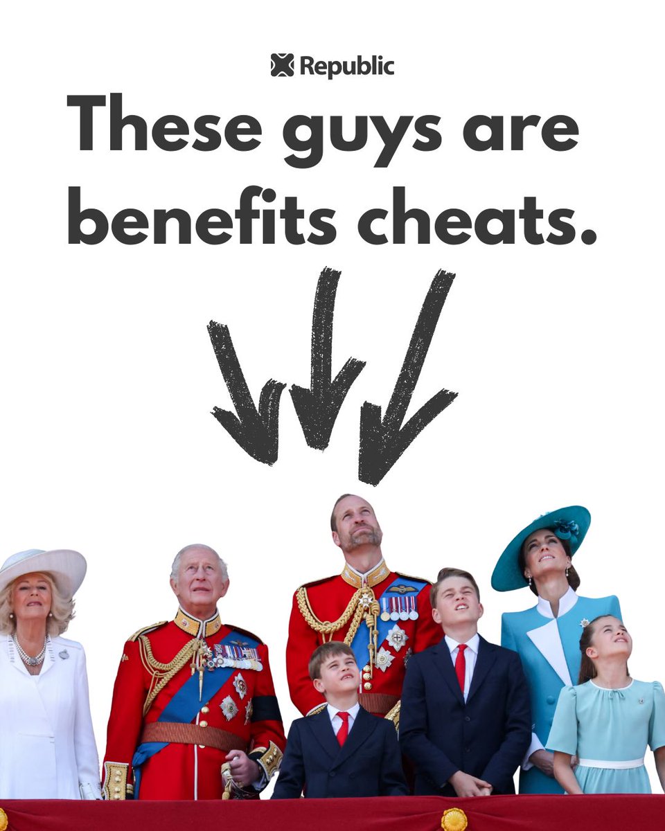 RepublicStaff's tweet image. The government, opposition, etc. They all keep talking about 'benefits cheats'. Yet, they never talk about the country's biggest scroungers - the royals. #NotMyKing #AbolishTheMonarchy