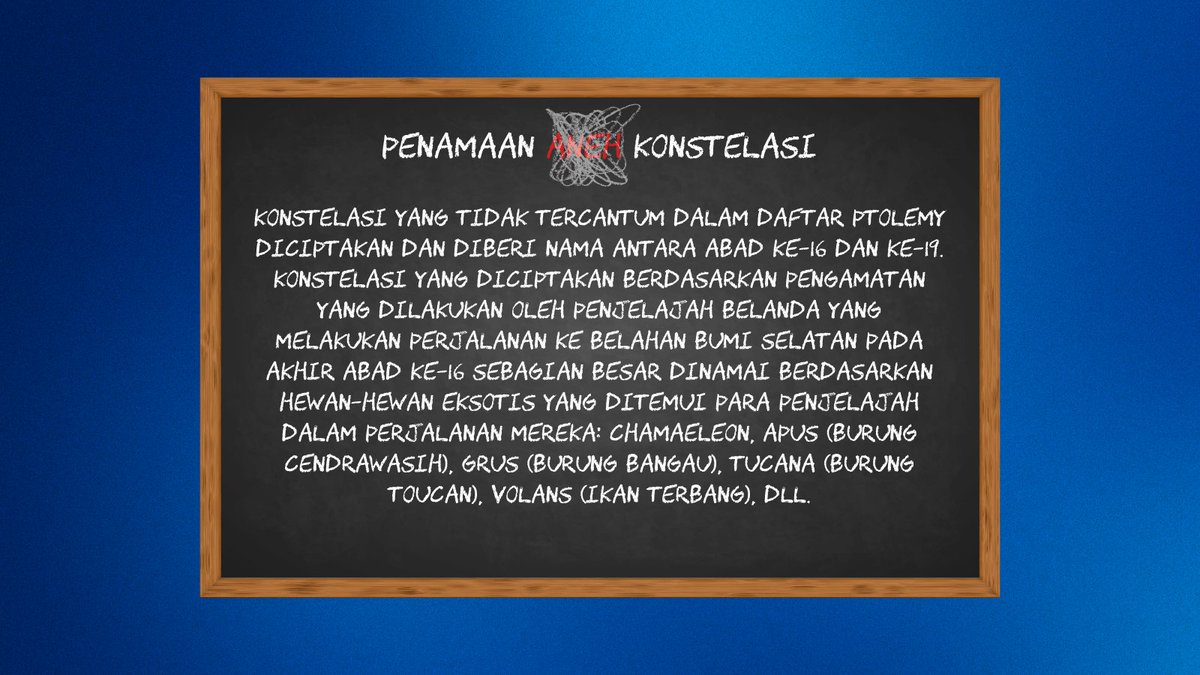 ㅤ
“Namun, tidak semua konstelasi memiliki simbolisasi yang keren seperti budaya mitologi Yunani. Ada juga Konstelasi yang tidak tercantum dalam daftar Ptolemy dan diberi nama antara abad ke-16 dan ke-19. Isinya …” gumamnya menggantung sembari mengusap tengkuk.
ㅤ