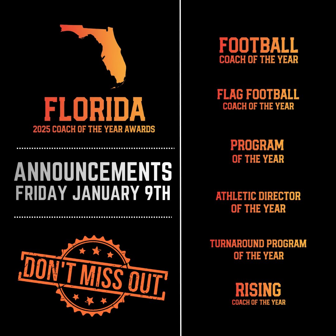 PayFLCoaches's tweet image. The 2025 FCC Coach of the Year Award recipients will be announced Friday January 9th 🔥

Awards include:

🏈 Football COY
🏳️ Flag Football COY
🏆 Program of the Year
🎓 Athletic Director of the Year
🔄 Turnaround Program of the Year
🚀 Rising Coach

Awards will be presented for…