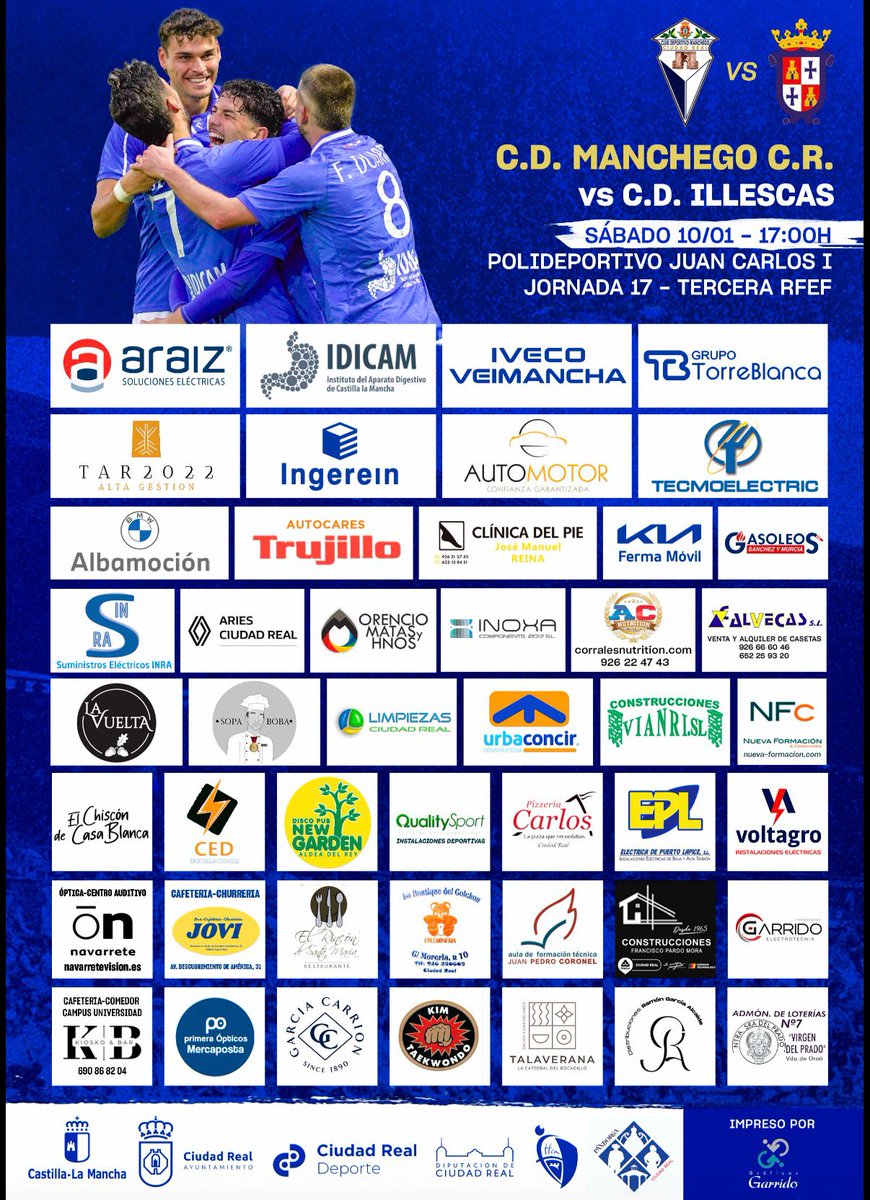 🔵 CARTEL PARTIDO ⚪️     

Repartidos por toda #CiudadReal y pueblos cercanos los carteles del partido de este sábado en el Poli con la visita del CD Illescas.  

Gracias a todas las empresas que suman su apoyo a los partidos de casa. Y a los #Mancheguistas que dedican parte de