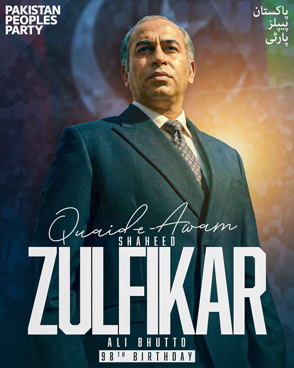 Remembering Shaheed Zulfikar Ali Bhutto on his 98th birth anniversary, a leader who gave power and voice to the people. His legacy continues to inspire the pursuit of a fairer, stronger Pakistan.