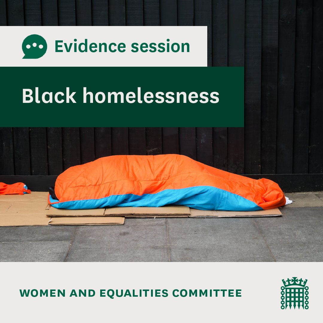 CommonsWEC's tweet image. We're taking evidence on Black homelessness on Wednesday 7 January at 2.20pm.

We're questioning @Alison_McGovern, Minister for Local Government and Homelessness @mhclg after hearing from organisations working with homeless people.

Watch here: parliamentlive.tv/Event/Index/07…